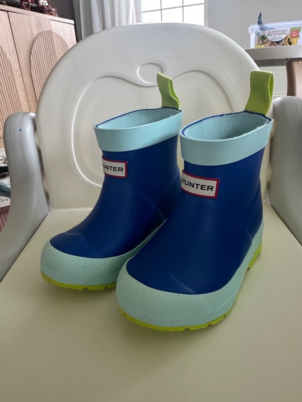 Hunter Kids Blue Rain Boots with Mint and Lime Accents